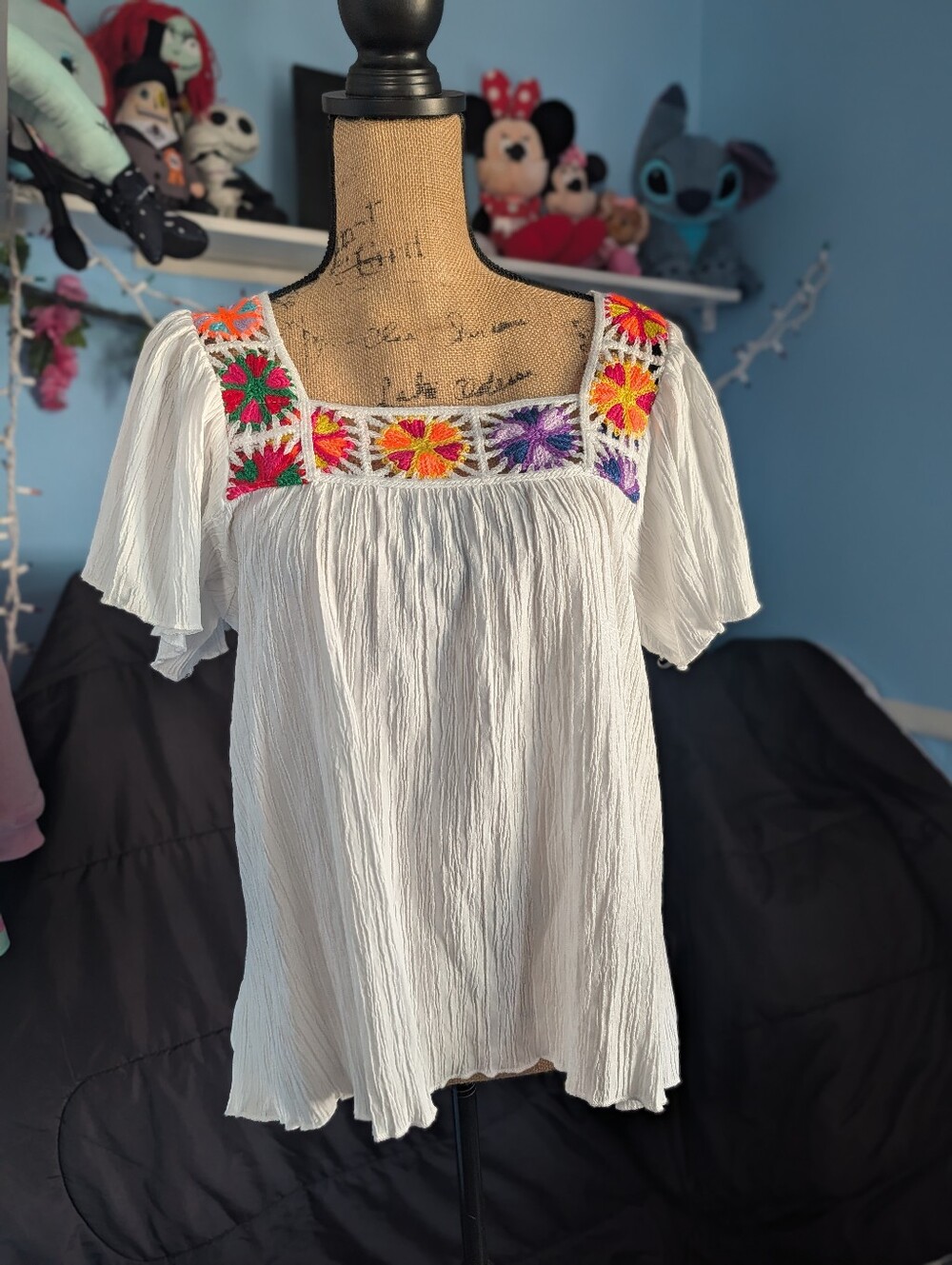Granny Suares Boho Peasant Top with Multicolor Floral Embroidery